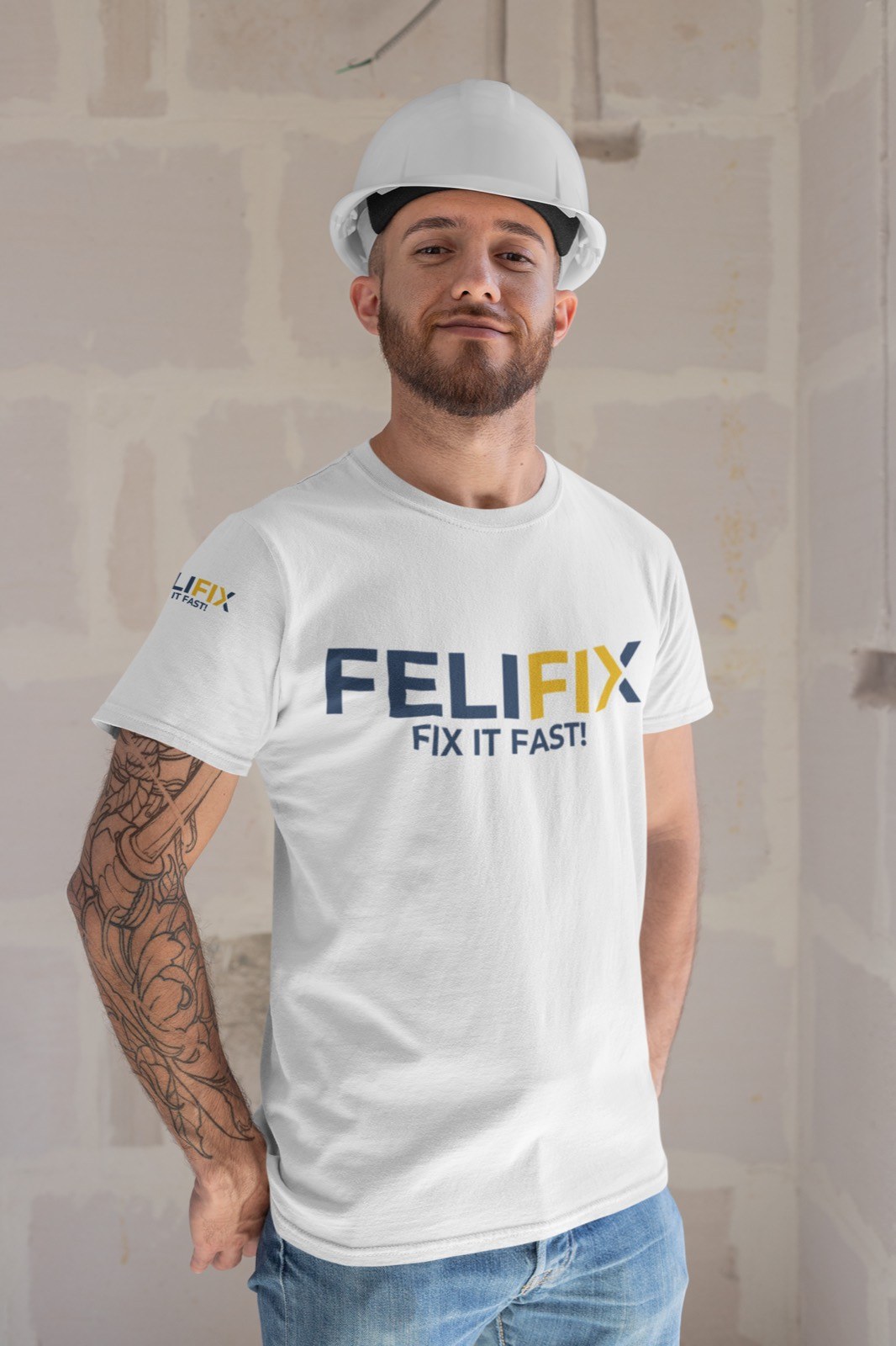 FeliFix technician in branded hard hat and tee on a job site